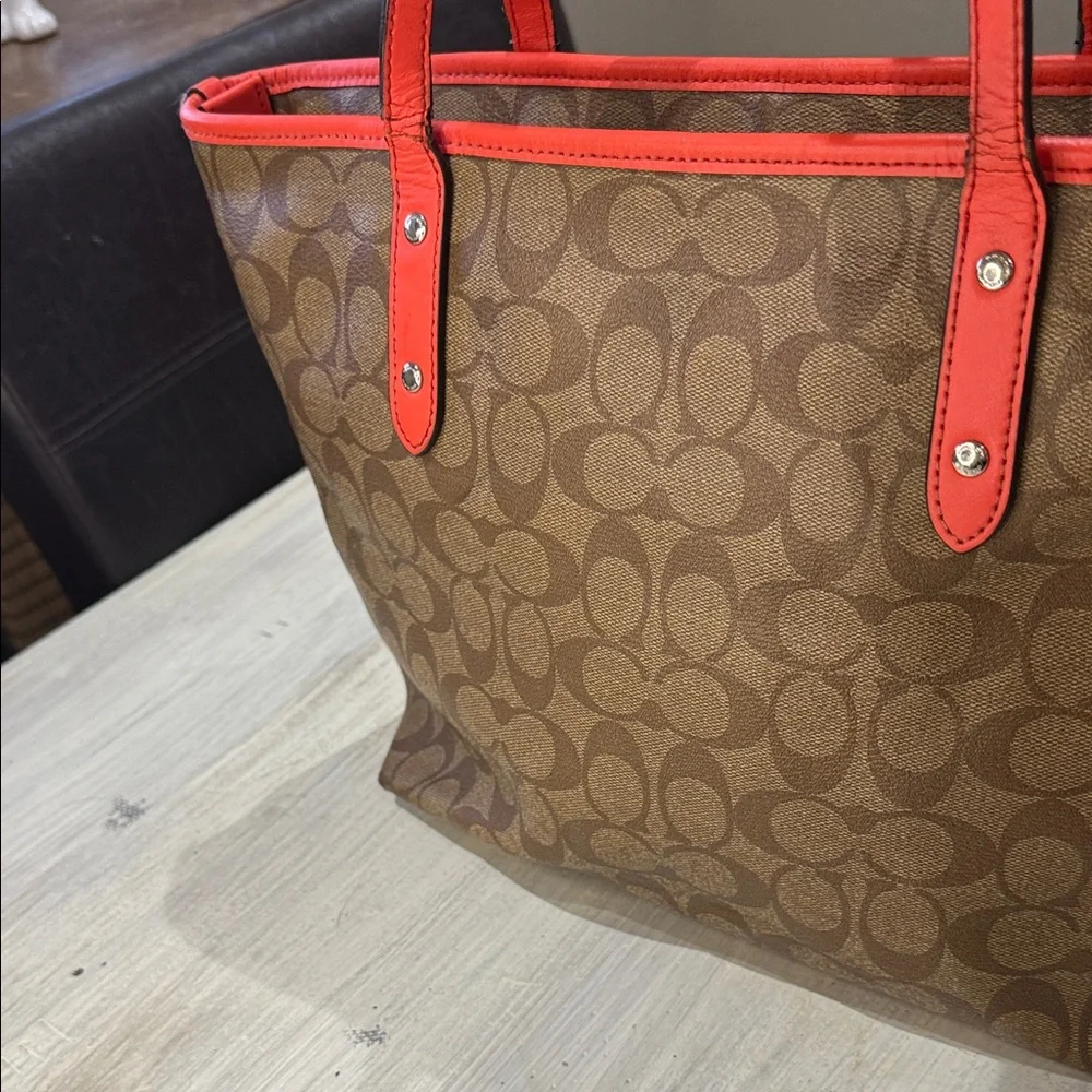 Coach Brown and Coral 🪸 Signature Tote Bag